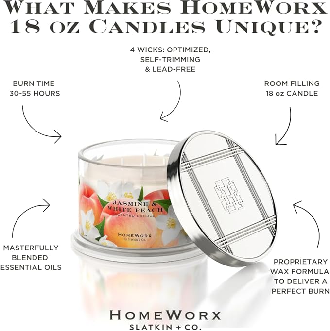 HomeWorx by SLATKIN + CO. Candle- Jasmine & White Peach, 18 oz. Premium Scented Candle - 30-55 Hours Burn Time