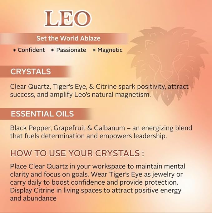 Luxury Glass Jar Candle, Leo Zodiac Sign, 8.8 oz - Crystal Infused - Scents of Ozone, Chili Pepper, Mandarin &and Coconut - USA Made, Coconut-Soy Wax, Essential Oils, Dr. Developed