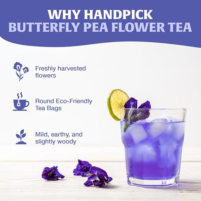 HANDPICK, Butterfly Pea Flower Tea (100 Herbal Tea Bags) | Caffeine Free, Non GMO | Premium Dried Butterfly Pea Flowers For Blue & Purple Drinks, Food Coloring | Iced Teas, Coolers, Cocktails