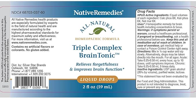 Native Remedies Triple Complex Brain Tonic - Natural Homeopathic Formula Relieves Forgetfulness, Mental Fatigue and Problems Concentrating - Supports Brain Function, Memory and Alertness - 59 mL