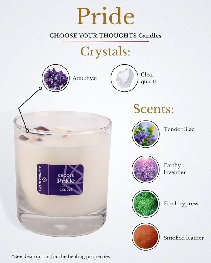 Luxury Glass Jar Candle, 8 OZ, Choose Pride - Amethyst Crystal Infused - Scents of Lilac, Lavender, Cypress & Leather - Confidence, Pleasure, & Self-Respect - Coconut Wax, Essential Oil