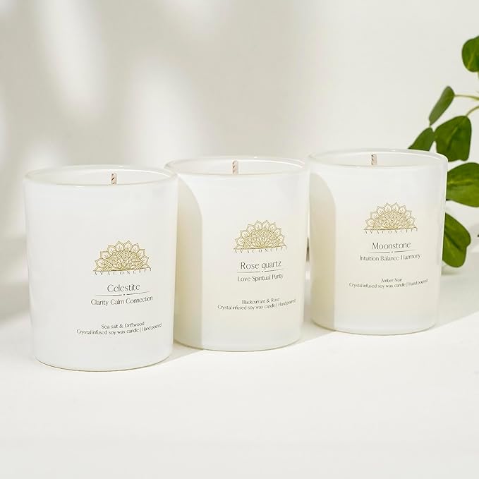 Soy Candles - Crystal Candles with Rose Quartz Moonstone Celestite - Scented Wax Gift Set - Black Currant & Rose, Amber Noir, Sea Salt & Drift Wood - 3 Pack 3.5oz