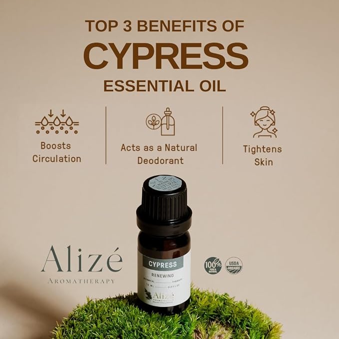 Organic Cypress Essential Oil USDA Certified, Therapeutic Grade, 100% Natural & Pure, Cypress Oil for Skin, Hair Removal, for Diffusers for Home 10ml-0.33 fl oz