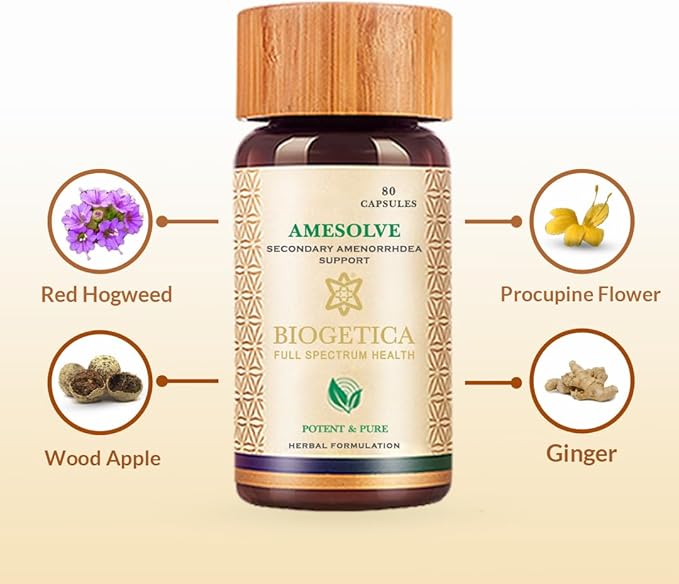 Biogetica Amesolve Herbal Support for Secondary Amenorrhoea with Punarava and Asparagus Racemose - Helps Regulates The Menstrual Cycle - Non-GMO - 100% Vegan Ayurveda Supplement - 80 Capsules