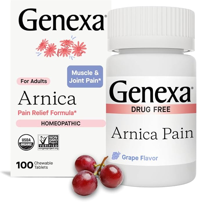 Genexa Arnica for Pain Relief | Alleviate Muscle & Joint Pain, Soreness & Stiffness | Reduces Bruises & Swelling | Organic Grape Flavor | Homeopathic Remedy Made Clean | 100 Chewable Tablets