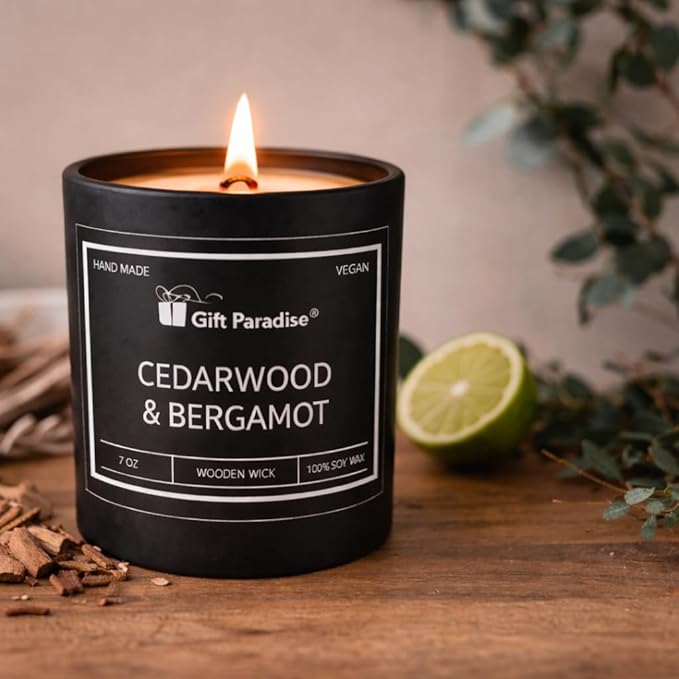 Gift Paradise® Cedarwood & Bergamot Scented Candle – 7 oz Natural Soy Wax Candle with Crackling Wooden Wick & Wooden Gift Box | Calm Self-Care Candle for Relaxation, Home Refresh & Valentine’s Day