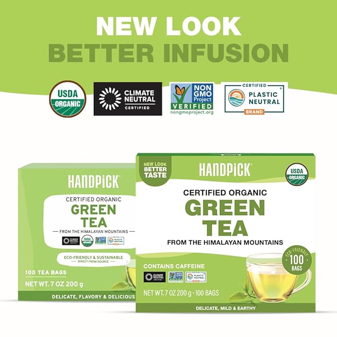 HANDPICK, Organic Green Tea Bags - 100 Eco-Friendly Tea Bags | USDA Organic | Resealable Pack for Freshness | Delicate & Flavory | Direct From India