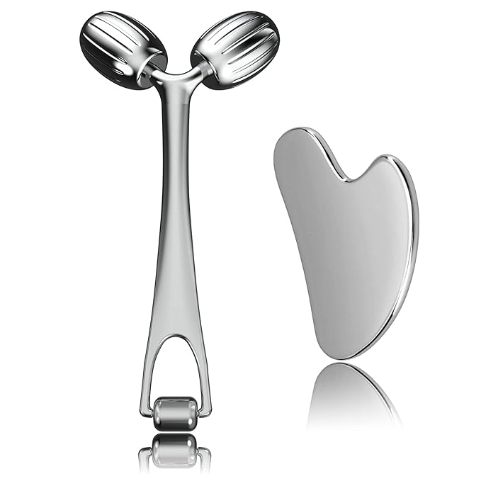 Yeamon Gua Sha Facial Tools and Face Roller Set, Facial Massage Tool for Women’s Skincare Routine,Cooling Stainless Steel Face Sculpting Eyes Roller Guasha for Daily Use or Self-Care Gift for Women