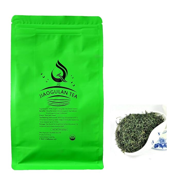 JQ Organic Seven Loose Leaf Jiaogulan Loose Tea 8oz-226g Natural Sweet Stemless Gynostemma Amachazuru Gynostemma Pentaphyllum Miracle Grass Southern Ginseng