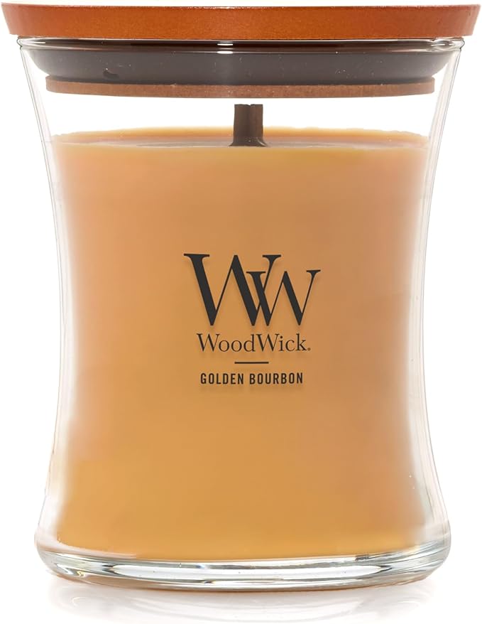 WoodWick Golden Bourbon Holiday Candle Gifts for Women and Men, 9.7 oz Medium Hourglass Candle with Crackling Wick