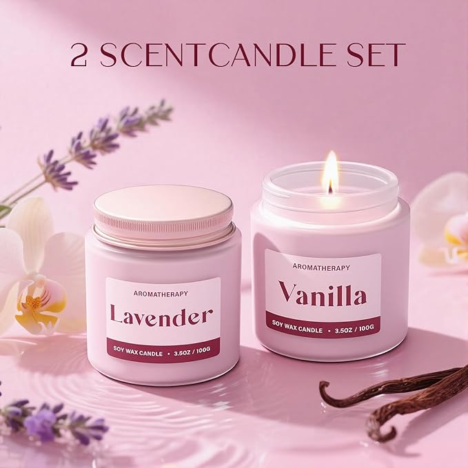 Scented Candles for Women, Soy Candles for Home Scented, Candle Gift Set with Lavender & Vanilla Scents, 2 Pack Aromatherapy Candle for Relaxing, Stress Relief & Home Decor
