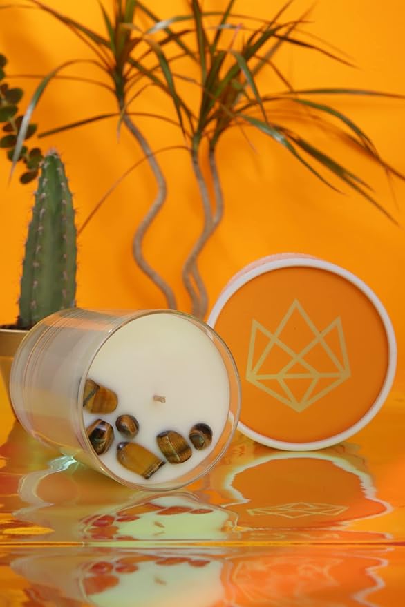 Luxury Glass Jar Candle, 14.5 OZ, Strength - Tiger Eye Crystal Infused - Scents of Cedarwood, Amber, & Sage - Power, Courage, & Expansion - Coconut Wax, Essential Oils, Dr. Developed