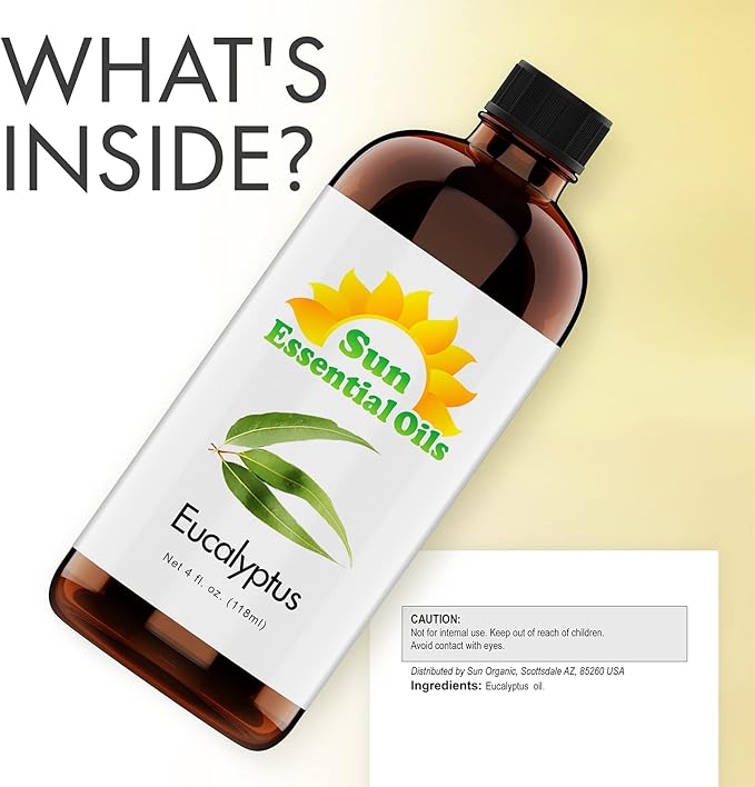Sun Essentials Oils - 4 oz Eucalyptus Essential Oil with Dropper for Diffuser, Skin, Aromatherapy Massage, Humidifier, Scent for Candle, Lotion & Soap Making at Home, Fragrance for Room