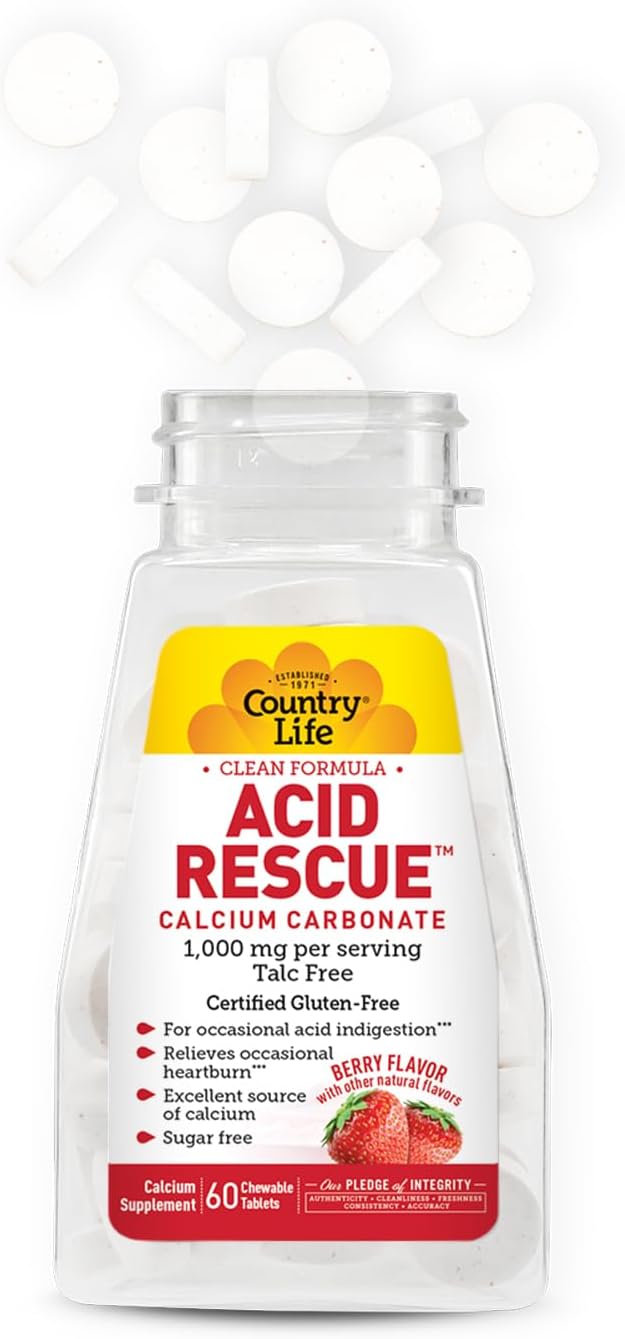Country Life Acid Rescue Chewable Tablets - Certified Vegan & Gluten-Free Heartburn Relief, 400mg Calcium & Magnesium, Non-GMO, Sugar-Free Berry Flavor, Supports Bone Health, 60 Count