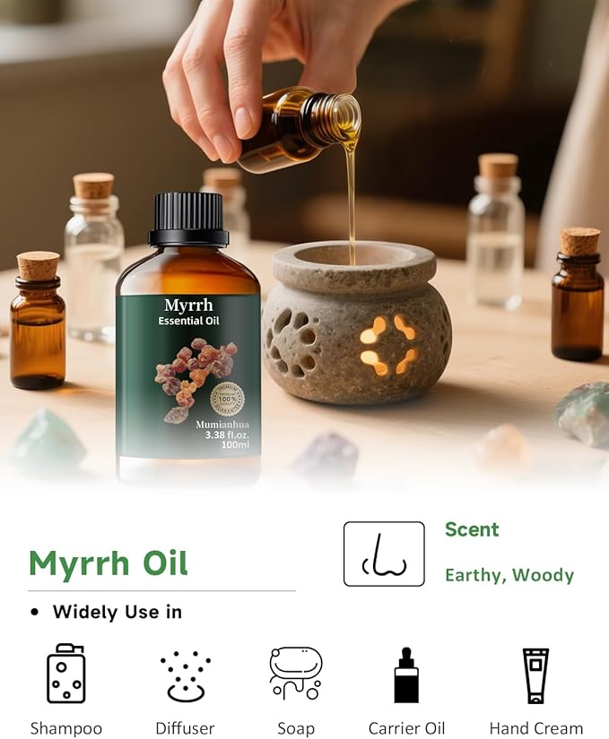 Myrrh Essential Oil, Pure Myrrh Oil Mumianhua Natural Aroma for Diffuser, Aromatherapy, Skin, Beard Care, Earthy Candle Making, Cleaning Blends & Home Purifier 3.38 Fl Oz with Glass Dropper