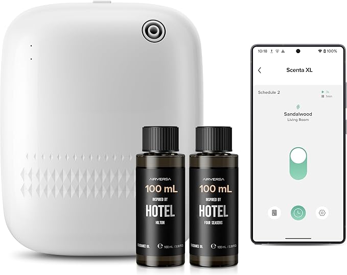 Smart Waterless Essential Oil Diffuser (400 mL Capacity) Starter Kit with 200mL Hotel Scent Fragrance Oils, Up to 2000 sq ft App Control Scent Air Machine with 12V1A Power Adapter, ANW Kit White