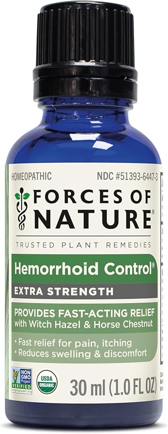 Forces of Nature Hemorrhoid Control Extra Strength, Organic Homeopathic Medicine with Witch Hazel, Horse Chestnut, and Soothing Essential Oils for Itching, Swelling & Discomfort, 1.0 FL OZ