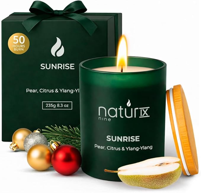 Natur IX Sunrise Scented Candles for Home | Pear,Citrus,YlangYlang | Natural Non Toxic Soy Candles with Essential Oils | 50h Long Burning
