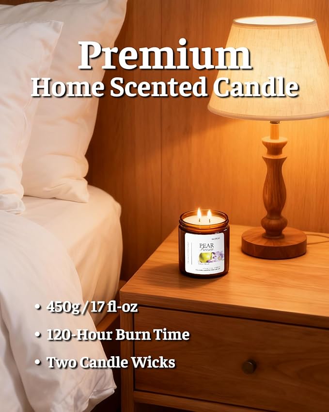 2 Wicks 17oz Large Non-Toxic Soy Wax Scented Candle, Pear & Freesia 120 Hours of Burn Time, Long Lasting Candle for Gift, Cost-Effective Candle for Home Fragrance, Aromatherapy