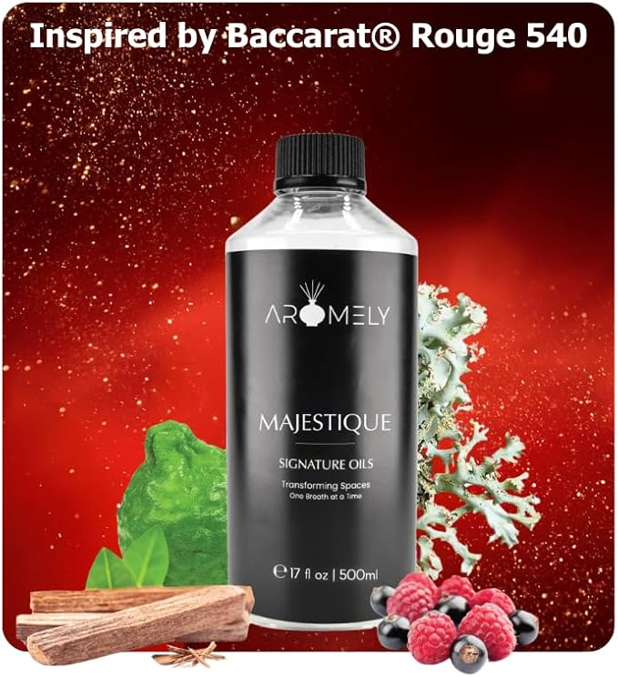 Aromely Diffuser Oil Majestique a Sophisticated Blend of Bergamot, Sandalwood, Oud, Jasmine, Saffron, Sweet Berry, Oakmoss, and Vanilla Creating an Exquisite Fragrance for Scent Diffusers - 500ml