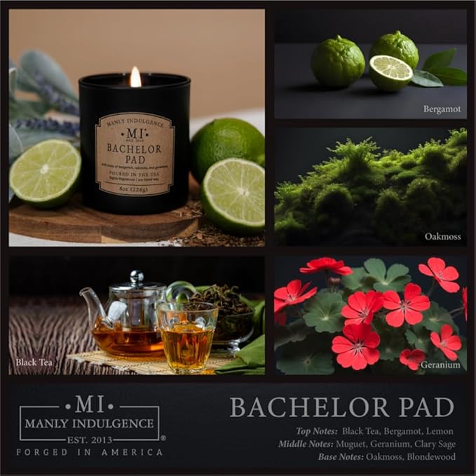 Manly Indulgence Bachelor Pad Scented Candles for Men, Premium Soy Blend Wax, 45H Burn, Candles for Home Scented, Gift-Ready Packaging - Made in The USA