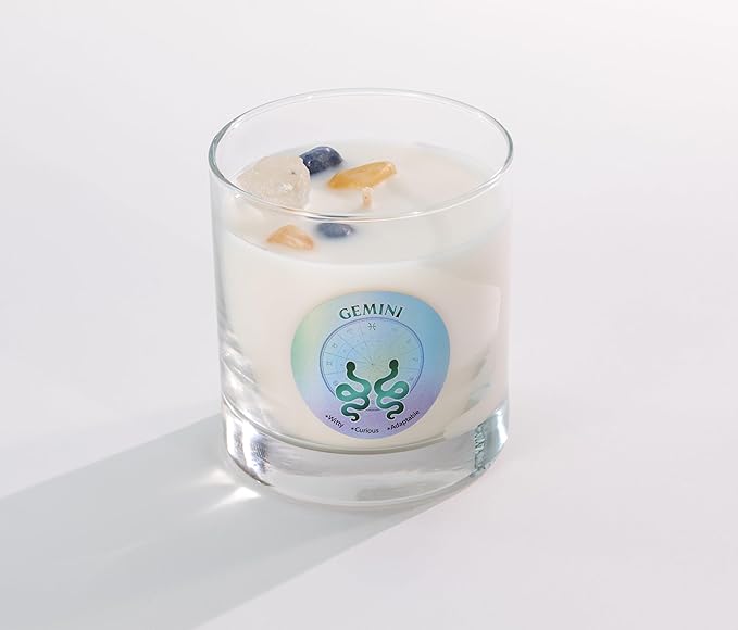 Luxury Glass Jar Candle, Gemini Zodiac Sign, 8.8 oz - Crystal Infused - Scents of Ozone, Jasmine, Moss & Wood - Made in USA, Hand Poured, Coconut-Soy Wax, Essential Oils, Dr. Developed
