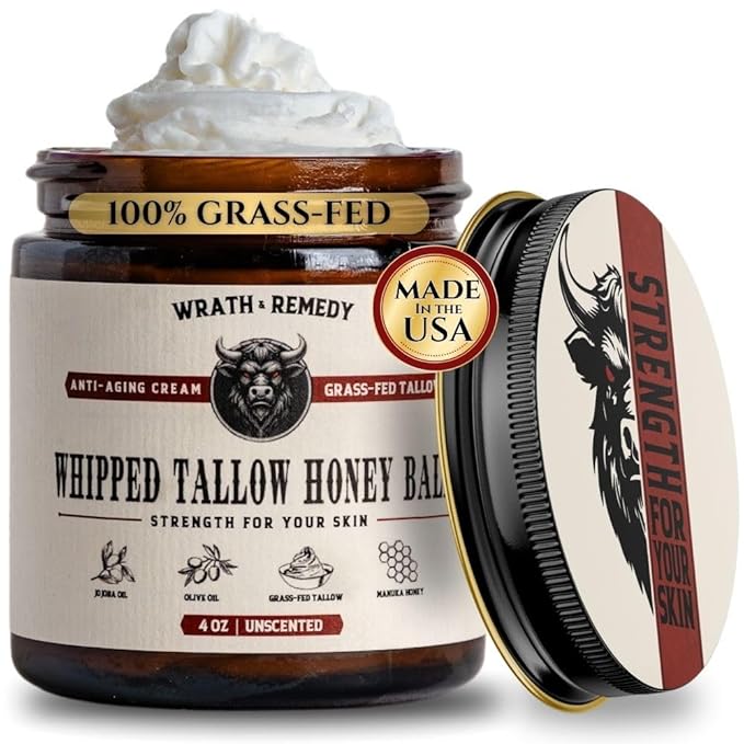 Organic Beef Tallow for Skin - 4 OZ (Unscented) — Grass Fed Beef Tallow for face + Body — US-Made Whipped Tallow and Honey Balm Moisturizer for Dry and Sensitive Skin, Eczema, Rosacea (No Additives)