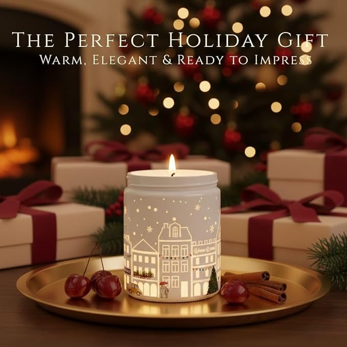 Black Cherry Scented Candle (White Jar), 40-Hour Burn, Dual Light Glow (Flame + LED Artwork), Soy Wax Blend, Holiday Aromatherapy Gift Candle for Bedroom, Bathroom & Home – 7oz (200g)