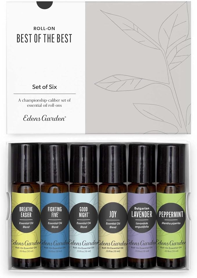 Edens Garden Essential Oils Best of the Best Roll-On 6 Set – 100% Pure Therapeutic Grade: Breathe Easier, Fighting Five, Good Night, Joy, Lavender & Peppermint Oil For Skin Care, 10 ml Roll-On/ 6 Pack