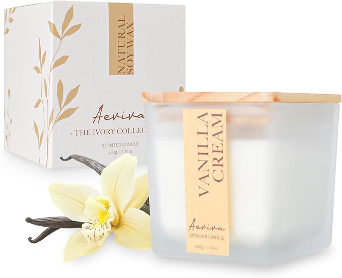 Scented Candle, 7.04 oz Vanilla Cream Aromatherapy Candle, Natural Soy Wax with Wooden Wick, Candles for Home, 45 Hours Burn Time, Scented Jar Candle Gifts