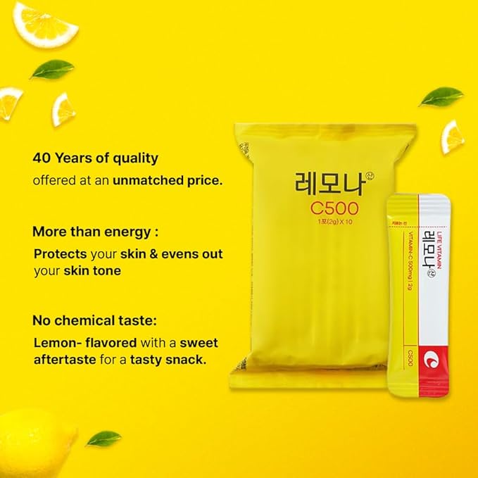 LEMONA Official Vitamin C Powder 500mg Korean Supplements Immune Support B6, B2, On-The-Go Packets Vitamin Healthy Living, Easy to Take Daily Energy Boost Korean Food Snacks Lemon (120Sticks)