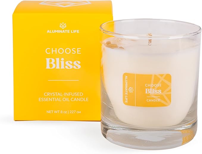 Luxury Glass Jar Candle, 8 OZ, Choose Bliss - Citrine Crystal Infused - Scents of Grapefruit, Bergamot, and Spiced Pear - Happiness, Joy, & Contentment - Coconut Wax, Essential Oils