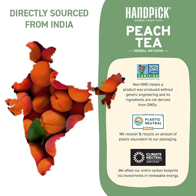 HANDPICK, Peach Tea Bags (80 Count) Non-GMO, Caffeine-Free - Peach, Hibiscus, Cinnamon, Cloves, Ginger | Floral & Refreshing Herbal Tea Bags, Brew Iced Tea or Hot Tea