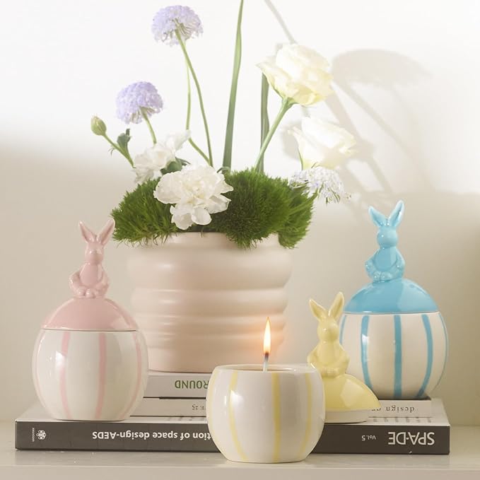Easter Bunny Candle with Egg Jar and Lid, Easter Decorations Cute Rabbit Aromatherapy, Ceramic Egg Candles for Spring Home Decor, Long Buring Scented Soy Candle Gift for Friends, Yellow