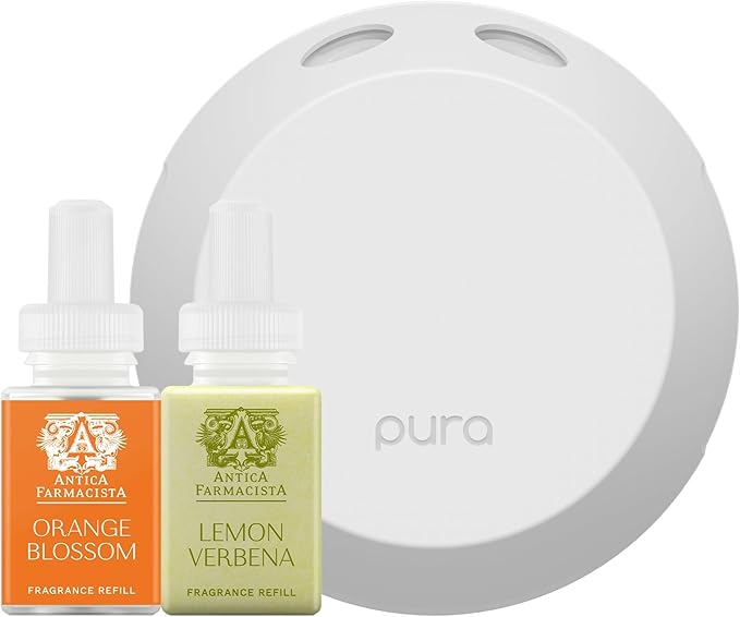 Pura Smart Home Fragrance Device Starter Set - Pura 4 - Scent Diffuser for Home - Includes Fragrance Aroma Diffuser - Square Box, Orange Blossom and Lemon Verbena Scent Refills