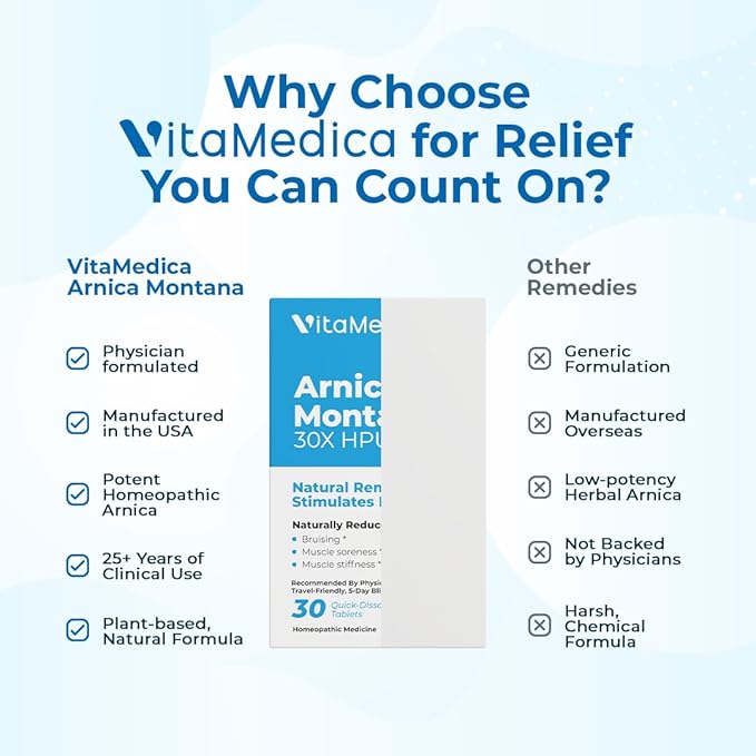 VitaMedica Arnica Montana Blister Pack 30X Tablets for Bruising Pain and Swelling | Plant Based Formula | Recommended by Plastic Surgeons | Natural Recovery Surgery Or Injury | 3 Pack | 45 Servings