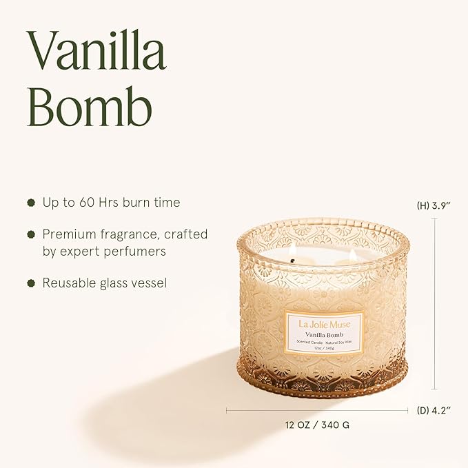 LA JOLIE MUSE Vanilla Bomb Candle | Lemon Zest, Fressia & Patchouli | 12 oz Large 2-Wick Soy Wax Candle | 60 Hours Clean Burn | Valentines Day Decor & Gift for Her