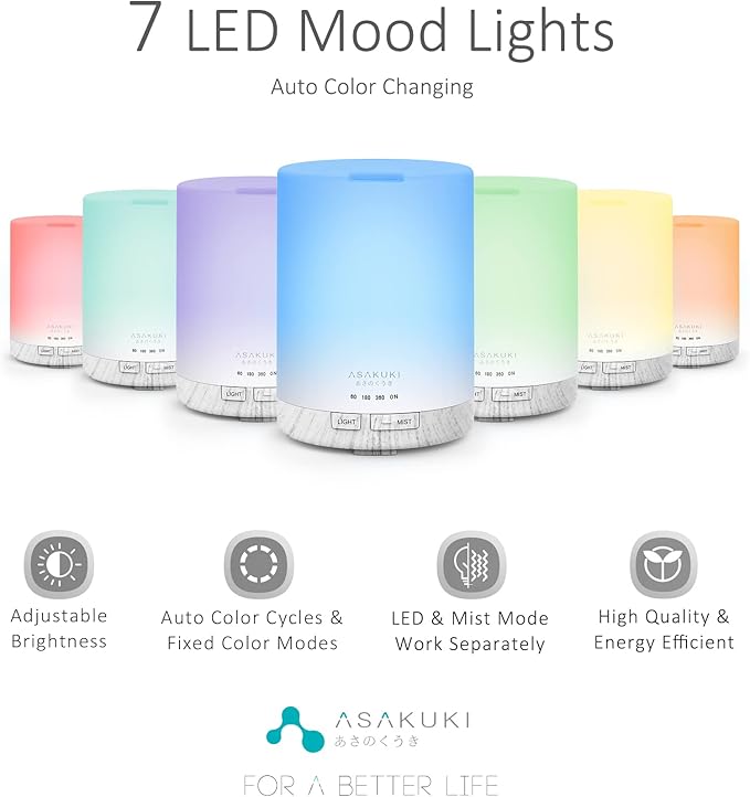 ASAKUKI 300ML Essential Oil Diffuser, Quiet 5-in-1 Premium Humidifier, Home Fragrance Aroma Diffuser with 7 LED Color Changing Light and Auto-Off Switch -White