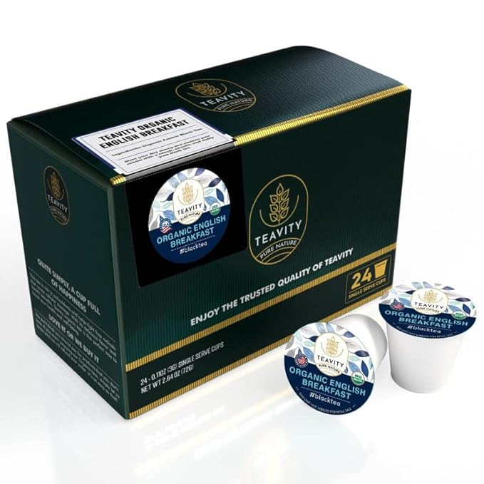 Organic English Breakfast Tea Pods for Keurig - Naturally Caffeinated Unsweetened Black Tea Pods by Teavity (24 Tea Pods)