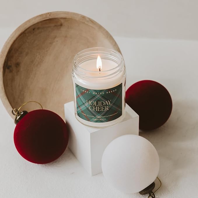 Sweet Water Decor Holiday Cheer Christmas Scented Candles - Christmas Stocking Stuffers Soy Candles with Citrus Scent - Christmas Candles with 40 Hours Burn Time - 9Oz Gold Lid Clear Jar Wax Candles