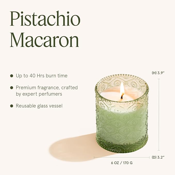 LA JOLIE MUSE Pistachio Macaron Scented Candle | Pistachio, Milk & Vanilla | 6 oz Natural Soy Wax | 40 Hours Clean Burn | Holiday Gift for Dessert Lovers | Seasonal Home Décor