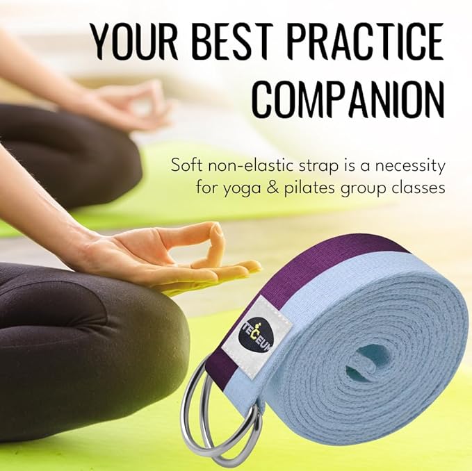 TECEUM Yoga Strap & Mat Strap – 2 IN 1 – Cotton – 6 ft 8 ft 10 ft (30+ colors) – Adjustable Non-Slip Belt for Yoga, Pilates, Stretching, Physical Therapy, Fitness & Home Workout – For Carrying Mats