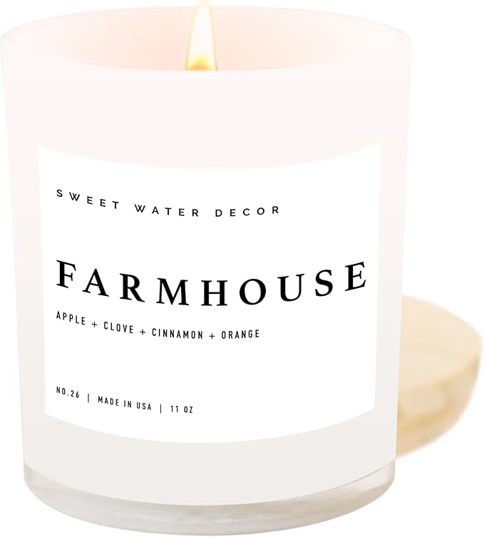 Sweet Water Decor Farmhouse Candle | Autumn, Cinnamon, and Nutmeg, Fall Scented Soy Candles for Home | 11oz White Glass + Wood Lid, 50+ Hour Burn Time, Made in The USA