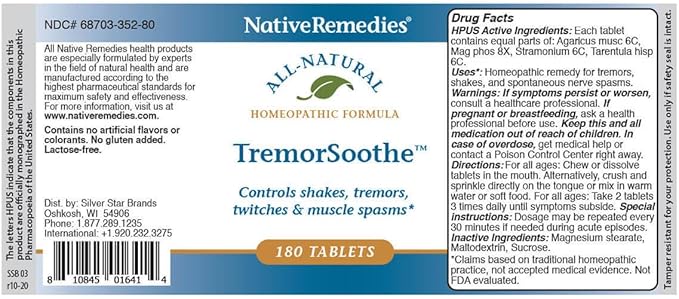Native Remedies TremorSoothe - Natural Homeopathic Formula to Temporarily Control Shakes, Tremors, Muscle Spasms and Twitches -180 Tablets