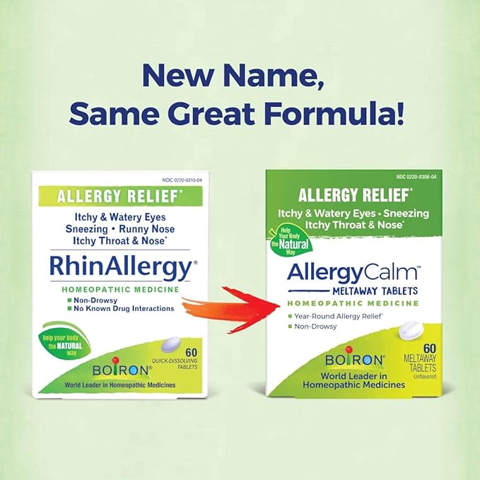 Boiron AllergyCalm Tablets 240 Count, Relief from Allergies and Hay Fever Symptoms of Sneezing, Runny Nose, Itchy Eyes, Throat, Allergy Calm Tabs (Formerly RhinAllergy) (Pack of 4 60ct Boxes)