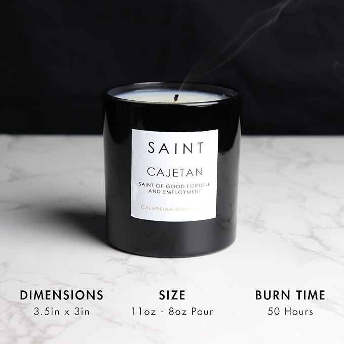 SAINT Cajetan Scented Candle with Prayer and Prayer Coin, Saint of Good Fortune and Employment, Soy Coconut Aromatherapy Candle with 50 Hour Burn Time