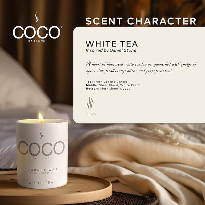 COCO by Stone 6.5oz Candle, Coconut Apricot Wax Candle for Home (White Tea) Home Fragrance Products, 1 Wick Candle, Enhance Indoor Aroma, Vegan & Cruelty-Free, Clean Burning and Hand Poured Candle