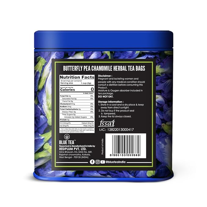 BLUE TEA - Butterfly Pea Flower Tea - Chamomile - 30 Count - Pyramid Plant Based Tea Bag | ANTIOXIDANT RICH | Caffeine Free - Flower Based - Calming Tea - Non-Bitter - Non-GMO | Tin Packaging