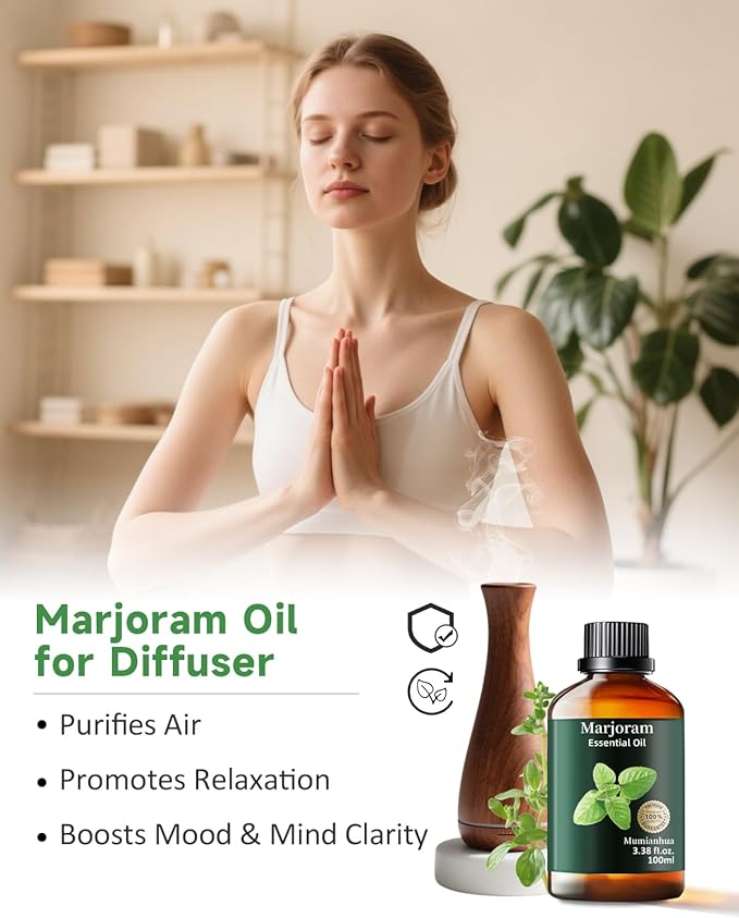 Marjoram Essential Oil, Pure Marjoram Oil Mumianhua Natural Herbaceous Oil for Bedroom, Natural Shield, Aromatherapy for Evening Ease, Outdoor Protection, Diffuser, Massage & Skin Care, 3.38 Fl Oz