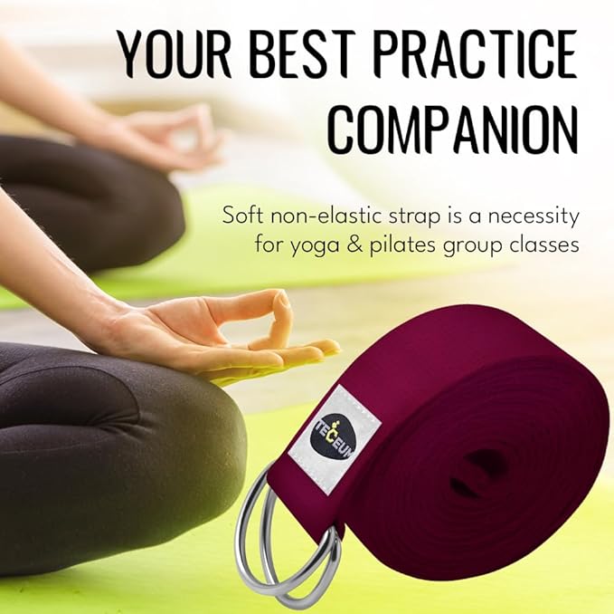 TECEUM Yoga Strap & Mat Strap – 2 IN 1 – Cotton – 6 ft 8 ft 10 ft (30+ colors) – Adjustable Non-Slip Belt for Yoga, Pilates, Stretching, Physical Therapy, Fitness & Home Workout – For Carrying Mats